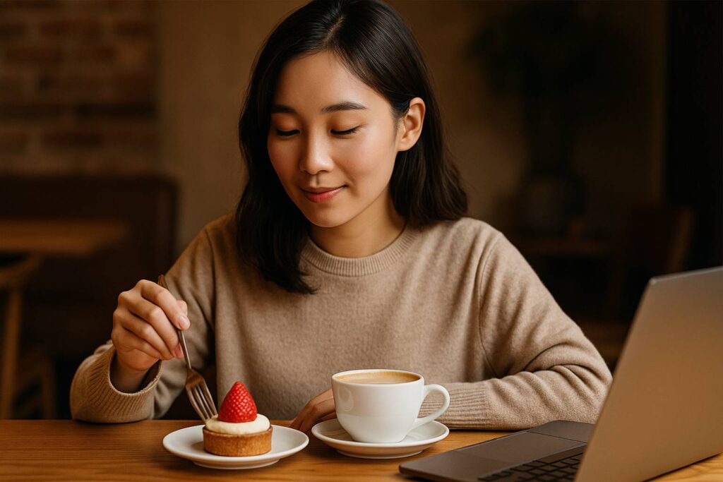 카페에서 혼자 커피와 케익을 먹는 여성 이미지