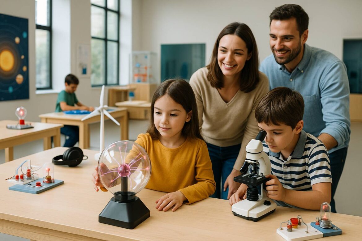 과학 실험 장비와 체험 교구를 직접 체험해보는 아이들과 부모 이미지