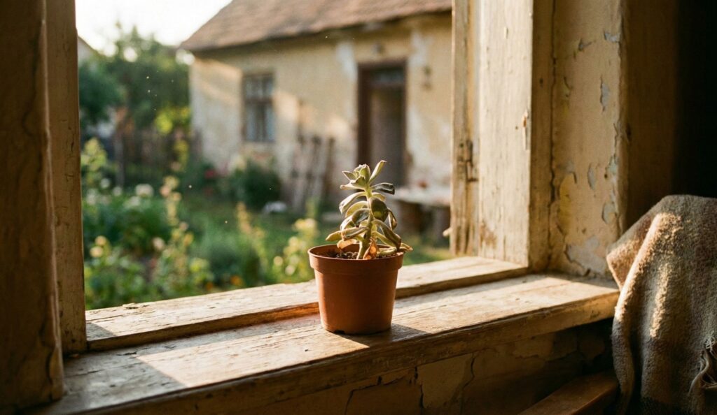 작은 식물이 창가에서 따스한 햇살을 받는 이미지