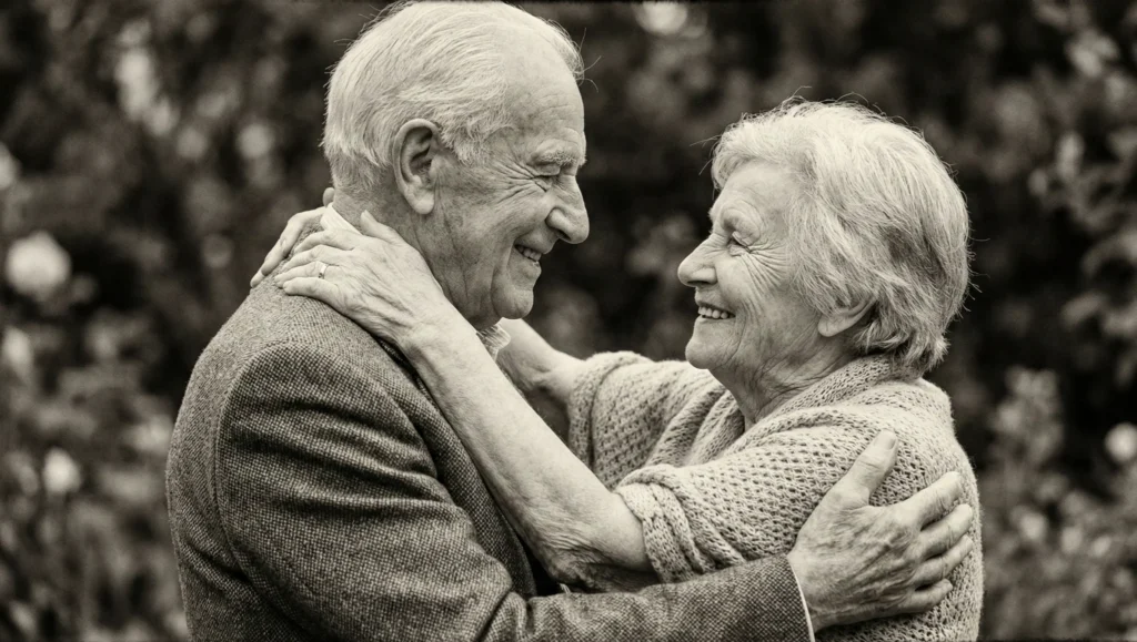 서로를 애틋한 눈빛으로 바라보며 포옹하고 있는 노부부의 흑백 클로즈업 사진. 두 사람의 주름진 얼굴에 번진 온화한 미소와 맞잡은 손에서 세월을 함께 견뎌온 깊은 신뢰와 변치 않는 사랑이 느껴지며, 클래식하고 감동적인 분위기를 자아냅니다.