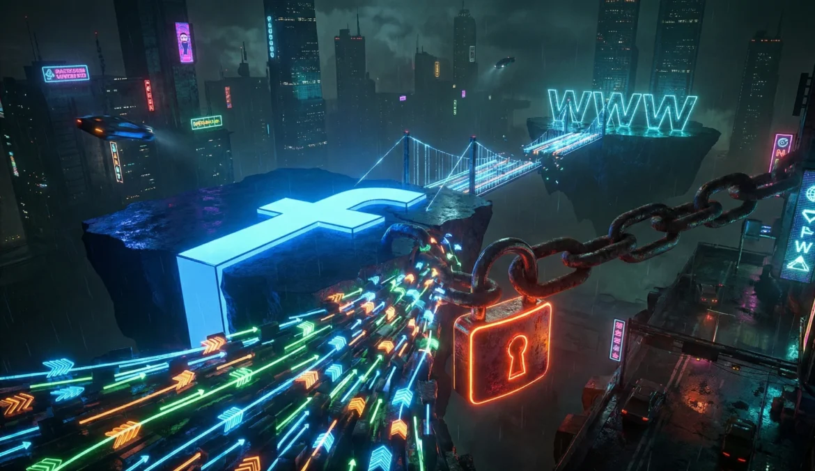 사이버펑크풍 미래 도시 배경에서, 페이스북 로고가 그려진 섬과 WWW 섬을 잇는 디지털 다리가 거대한 쇠사슬과 빨간색 자물쇠에 의해 막혀 데이터 화살표들이 정체된 모습을 묘사한 3D 아트.