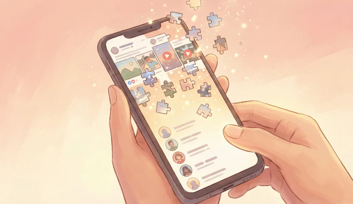 복잡했던 피드형 친구 탭이 깔끔한 목록형으로 되돌아오는 과정을 표현한 일러스트. 어지러운 썸네일들이 사라지고 익숙한 리스트 형태로 정화되는 모습을 통해 UI 개편의 반가움을 시각화했다.