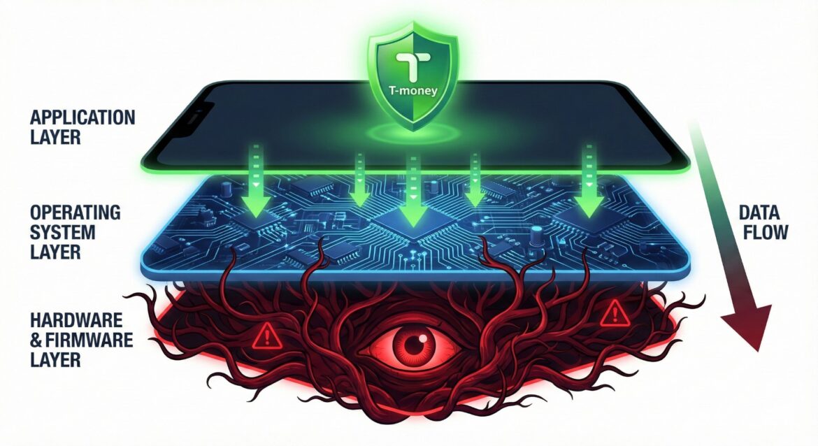 샤오미 15T 프로 티머니 지원과 하드웨어 펌웨어 계층의 잠재적 보안 백도어 위험을 묘사한 구조도