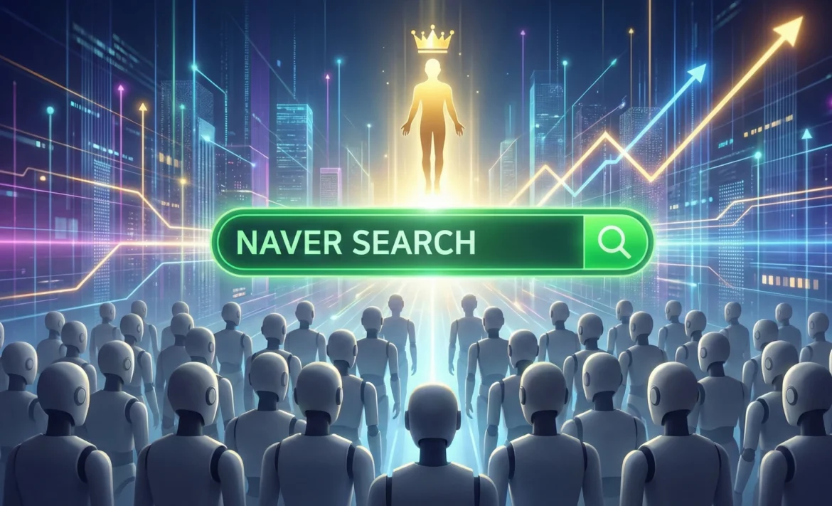 미래 디지털 도시를 배경으로 'NAVER SEARCH'가 적힌 초록색 검색창 위에 왕관을 쓴 황금빛 인간 실루엣이 떠올라 있다. 그 아래로는 수많은 회색 로봇 군중이 서 있으며, 이는 네이버 검색이 AI 콘텐츠보다 신뢰받는 창작자를 우선시하는 새로운 시대를 상징하는 디지털 일러스트이다.