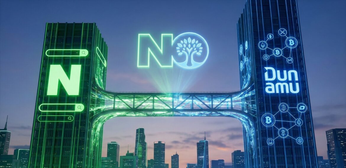 네온 그린 네이버 타워와 블루 톤 두나무 타워가 미래 도시 상공에서 데이터 브릿지로 연결된 모습, 네이버–두나무 합병과 디지털 금융 플랫폼 통합을 상징하는 일러스트