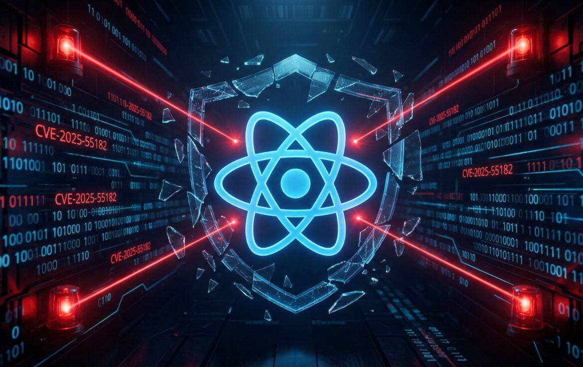 React 보안 취약점(CVE-2025-55182) 경고 이미지. 파란색 React 로고를 둘러싼 보호 방패가 깨져 있고, 붉은색 레이저와 경고등이 위협을 알리고 있다. 배경에는 'CVE-2025-55182' 텍스트와 바이너리 코드가 보인다.