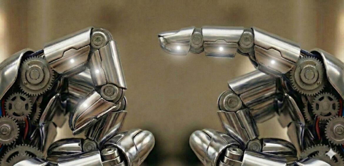 갤럭시 Z 트라이폴드의 3단 접이 구조와 확장성을 상징하는 로봇 손의 관절 움직임: 꽉 쥔 손은 접힌 상태, 가리키는 손은 펼쳐진 대화면을 의미하는 이미지