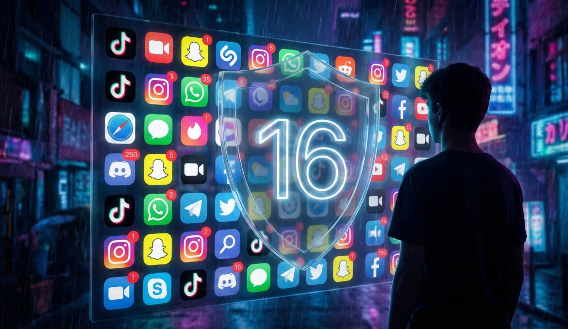 네온사인이 비치는 사이버펑크 도시를 배경으로 한 십 대 청소년의 실루엣이 수많은 SNS 앱 아이콘과 알림으로 가득 찬 거대한 디지털 벽을 마주하고 있다. 그 사이를 '16'이라는 숫자가 빛나는 투명한 방패가 가로막고 있어, 호주 정부가 시행하는 16세 미만 청소년 소셜 미디어 이용 금지 규제와 강력한 디지털 보호 조치를 상징적으로 보여준다.