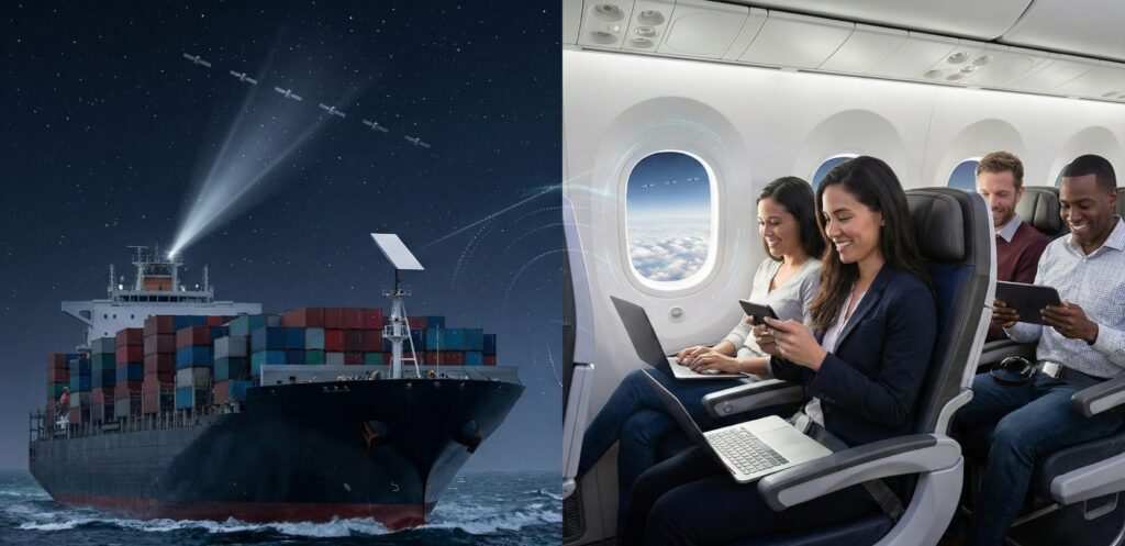 스타링크의 이동 수단 적용 사례. 왼쪽은 바다를 항해하는 화물선이 위성 통신을 사용하는 모습, 오른쪽은 비행기 승객들이 기내에서 고속 인터넷을 즐기는 모습을 보여주는 분할 이미지.