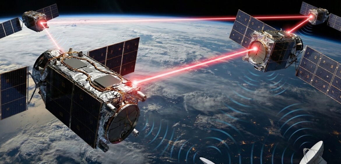 지구 궤도를 도는 스타링크 위성들이 붉은색 레이저 광통신(Optical Inter-Satellite Link)을 이용해 서로 데이터를 주고받는 모습을 묘사한 3D 렌더링.