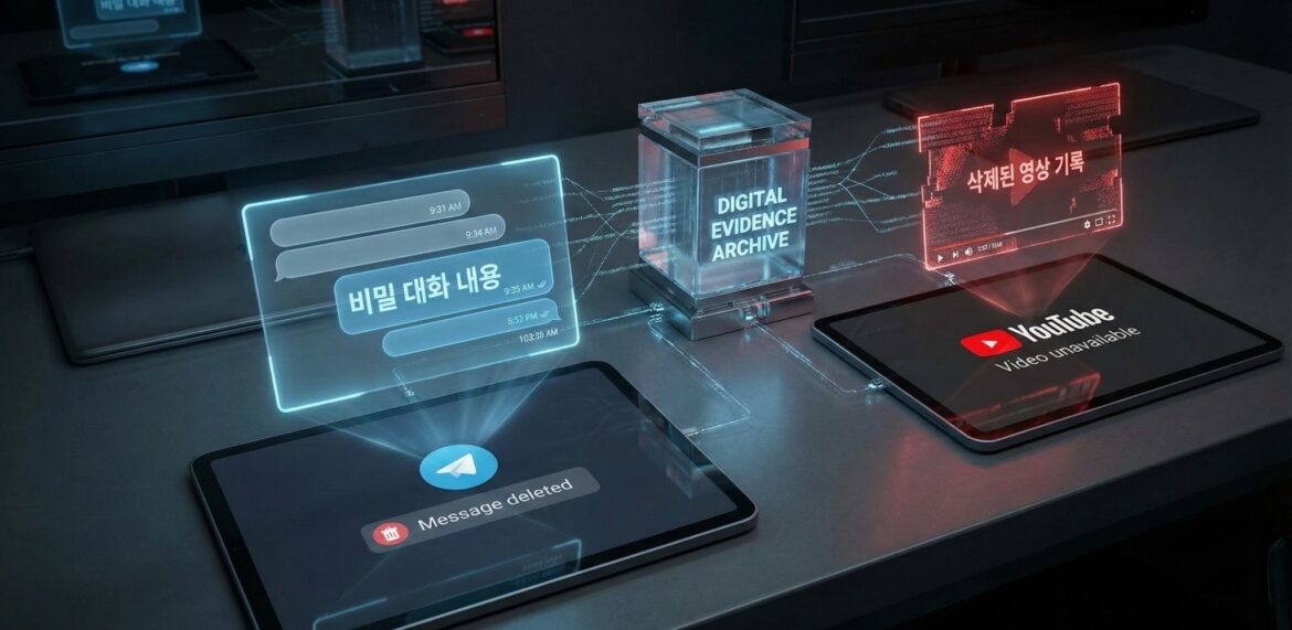 텔레그램에서 삭제된 비밀 대화와 유튜브에서 내려간 영상이 디지털 증거 보관소에 백업되는 모습을 표현한 사이버 포렌식 콘셉트 일러스트
