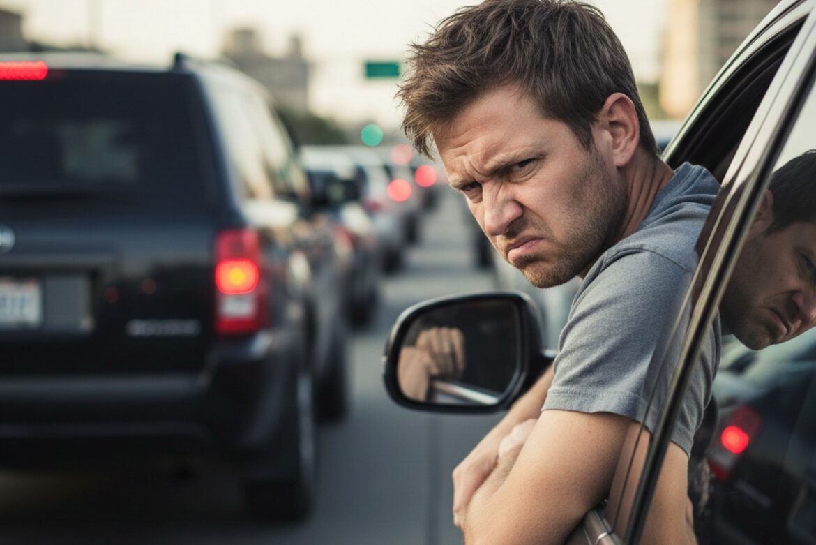 교통체증으로 짜증내는 운전자 이미지
