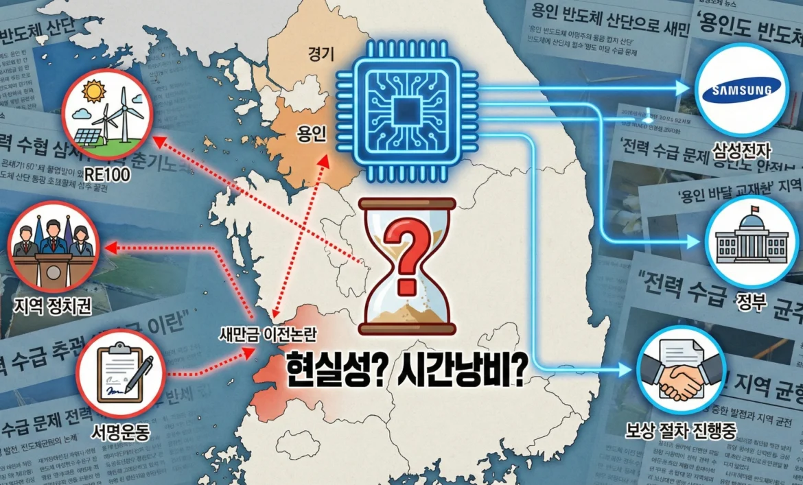 용인 반도체 산단의 새만금 이전 논란을 보여주는 한국 지도 인포그래픽: 경기·용인에 반도체 칩 아이콘, 새만금 지역에 모래시계(물음표)와 ‘현실성? 시간낭비?’ 문구가 있고, RE100·지역 정치권·서명운동·삼성전자·정부·보상 절차 진행중 아이콘이 화살표로 연결돼 전력 수급과 이전 이슈를 설명한다.