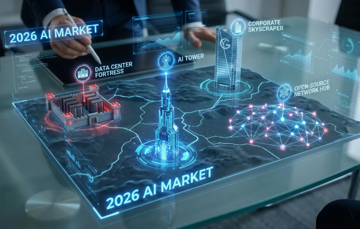 2026년 AI 시장의 4대 핵심 전략을 시각화한 3D 홀로그램 지도. 데이터 센터 요새(인프라), AI 타워(지능), 기업 마천루(시스템), 오픈소스 네트워크 허브(확장성)가 표시되어 있으며, 비즈니스 리더가 이 전략 지도를 분석하고 있는 모습.