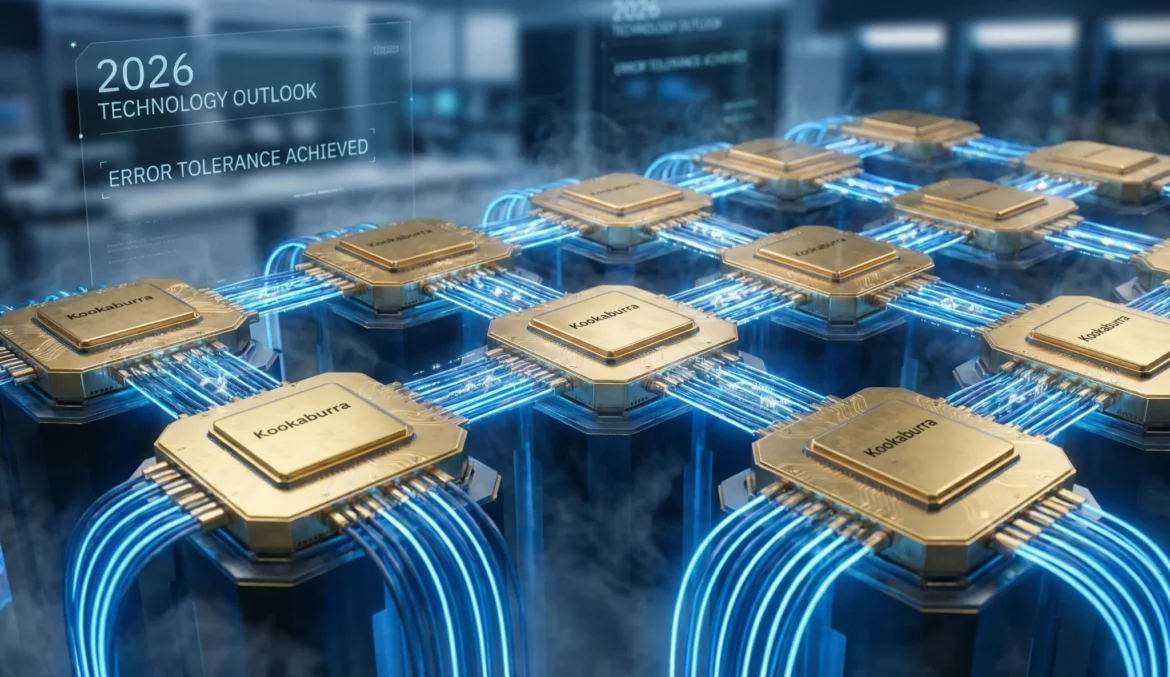 파란색 광케이블로 상호 연결된 금색 IBM 쿠카부라(Kookaburra) 양자 칩 프로세서와 2026년 기술 전망 및 오류 내성 달성 문구가 적힌 홀로그램 이미지