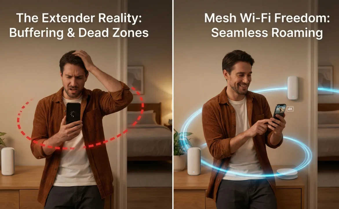 기존 와이파이 확장기의 버퍼링과 데드존으로 고통받는 모습과, 메쉬 와이파이 시스템을 통해 끊김 없이 4K 영상을 즐기는 모습을 대조한 비교 이미지.