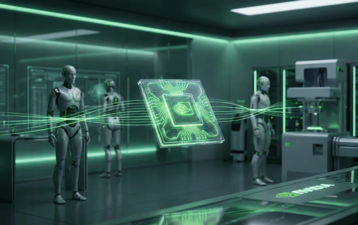 엔비디아 프로젝트 GR00T를 상징하는 녹색 AI 칩이 배경의 휴머노이드 로봇들과 데이터로 연결된 미래 연구소 컨셉 이미지