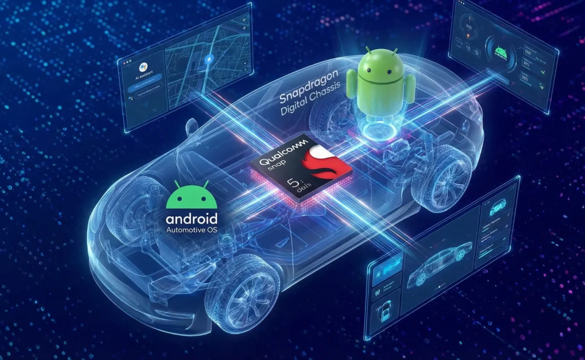 구글 제미나이 AI와 퀄컴 스냅드래곤 디지털 섀시가 탑재된 미래형 자동차 내부 인테리어