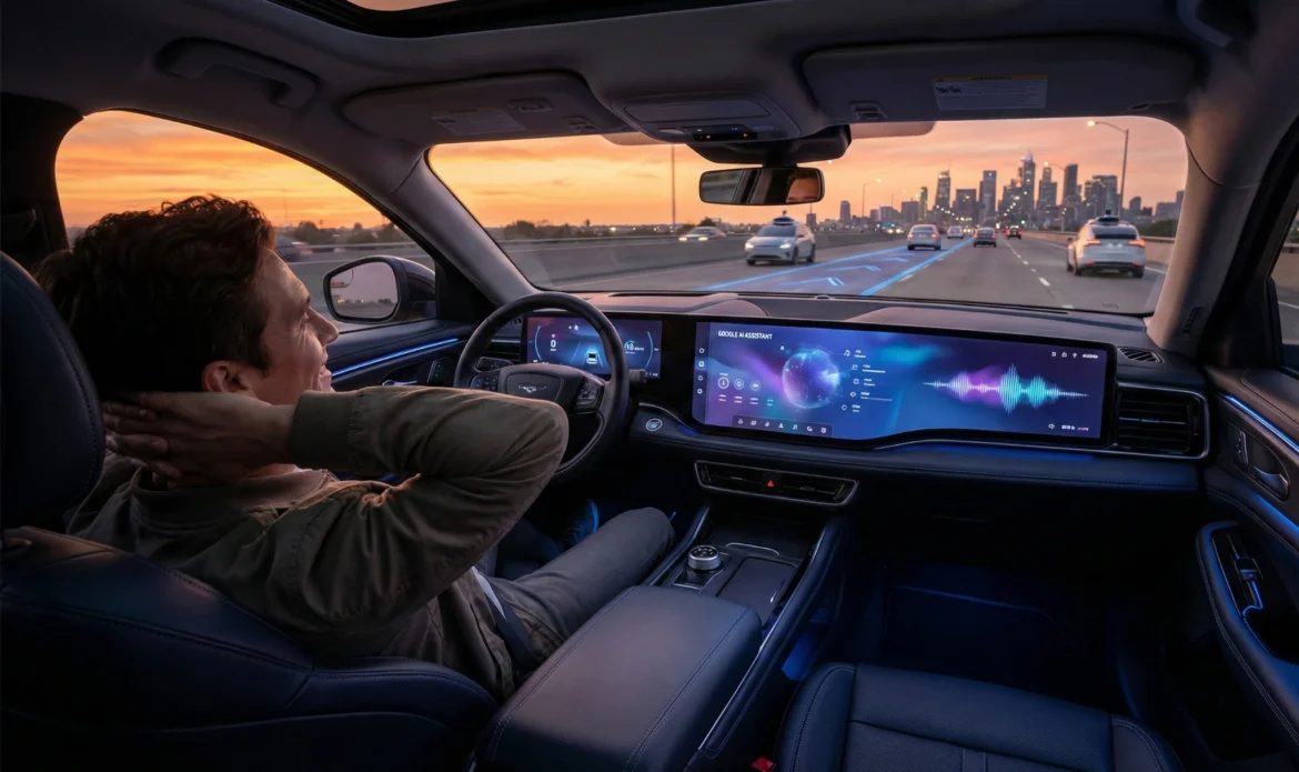핸들에서 손을 떼고 자율주행 중인 포드 전기차 내부와 대시보드의 구글 AI 비서 화면