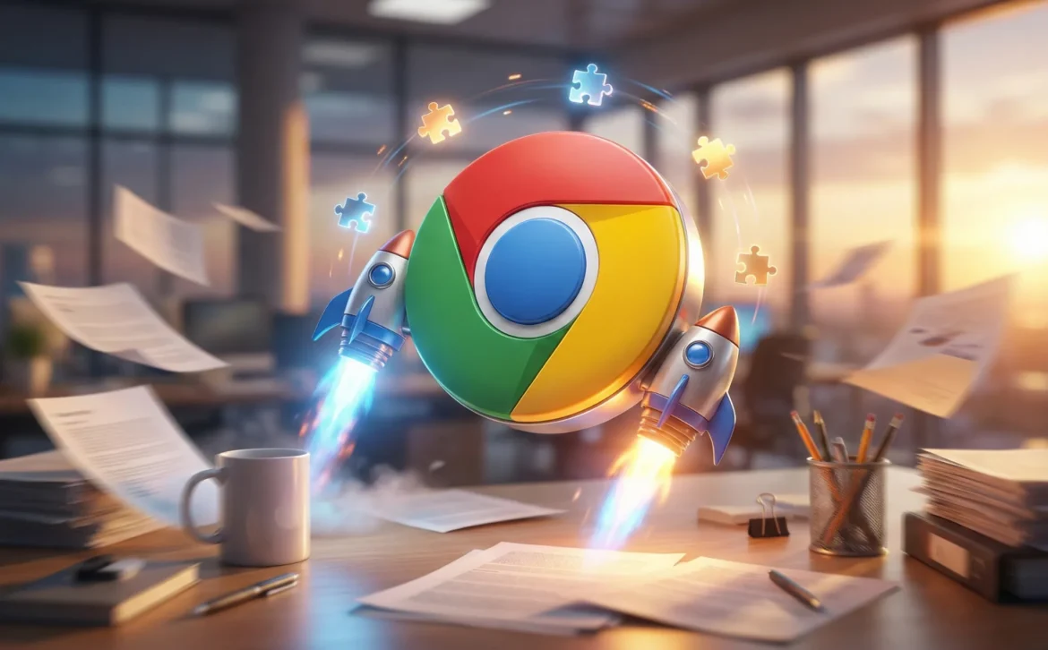 로켓 엔진을 달고 사무실 책상을 빠르게 날아오르는 구글 크롬 아이콘과 확장프로그램을 상징하는 퍼즐 조각들
