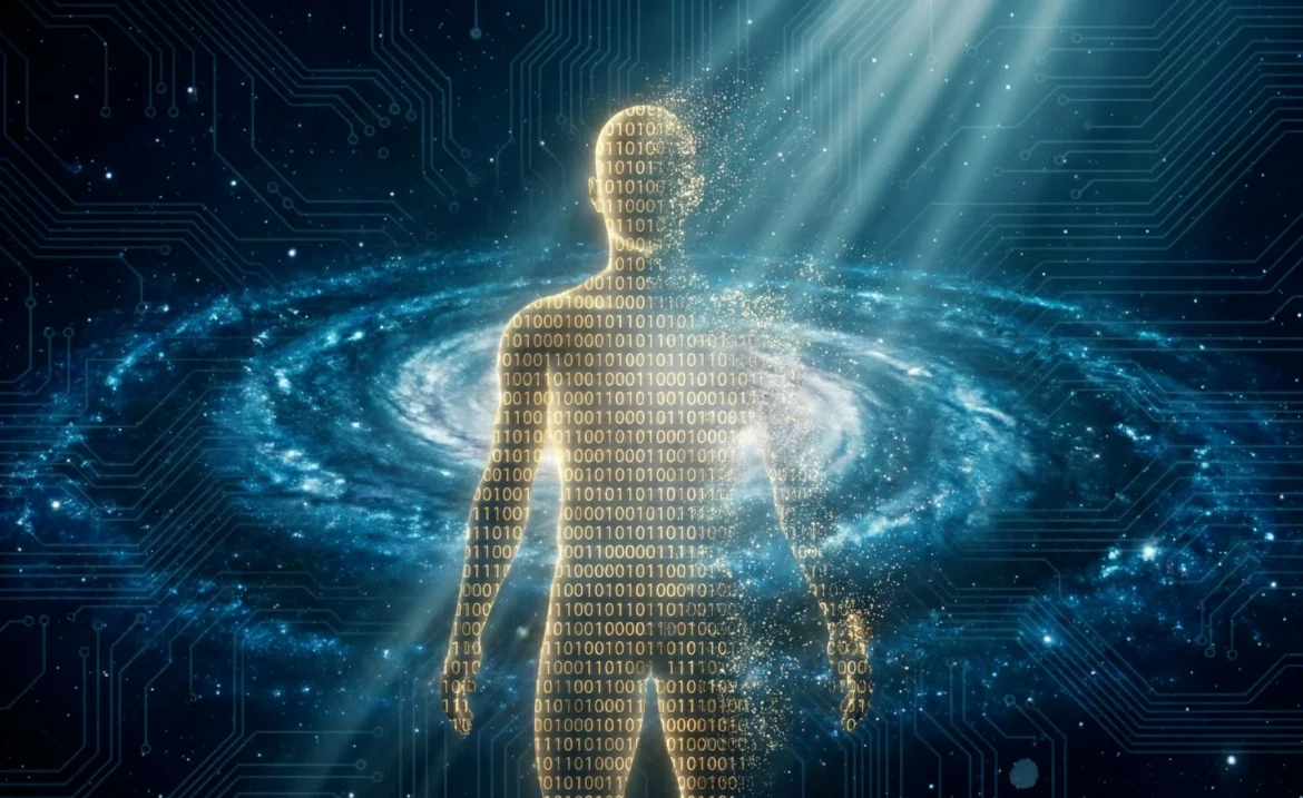 양자 컴퓨터와 사후세계 디지털 불멸을 상징하는 우주 배경 속 인간의 데이터화 실루엣