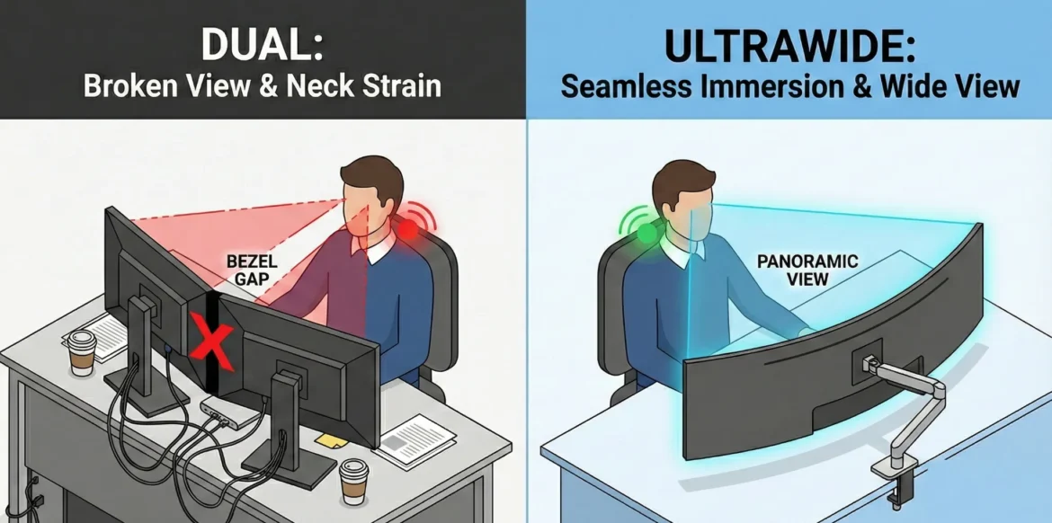 듀얼 모니터와 울트라와이드 모니터의 시야각 및 책상 환경 비교 3D 인포그래픽