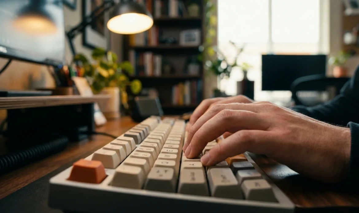 따뜻한 조명의 홈 오피스 책상에서 기계식 키보드를 타이핑하고 있는 양손의 클로즈업. 흰색과 회색 키캡이 섞인 레트로한 디자인에 주황색 ESC 키가 포인트인 키보드를 사용 중이며, 배경에는 흐릿하게 처리된 책장과 스탠드 조명이 있어 아늑한 작업 환경을 보여준다.