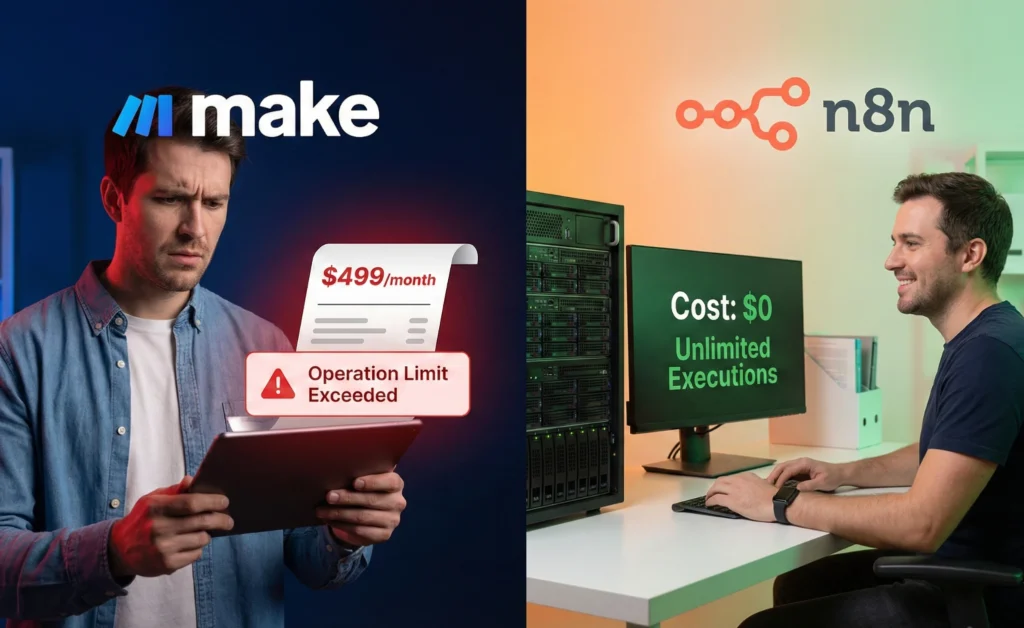 Make(Integromat)와 n8n의 비용 및 기능 비교. 왼쪽은 높은 월간 청구서와 사용량 초과 경고를 보며 고민하는 Make 사용자, 오른쪽은 개인 서버를 통해 비용 0원으로 무제한 자동화를 실행하며 만족하는 n8n 사용자의 대비되는 모습