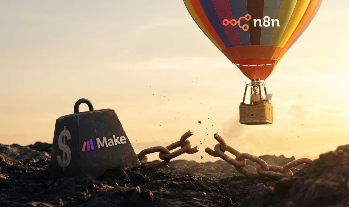 Make(메이크)의 비싼 구독료를 상징하는 무거운 쇠사슬과 짐을 끊어내고, n8n 로고가 그려진 열기구를 타고 자유로운 하늘로 날아오르는 모습을 표현한 이미지. 자동화 비용 절감과 해방감을 상징