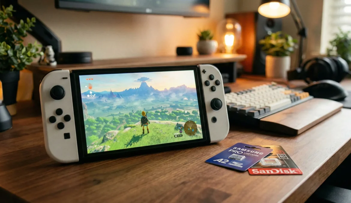 젤다의 전설 티어스 오브 더 킹덤 4K 화면이 구동되는 닌텐도 스위치 2 화이트 실물과 추천 마이크로 SD카드(삼성 PRO Ultimate, 샌디스크 Extreme) 비교 사진