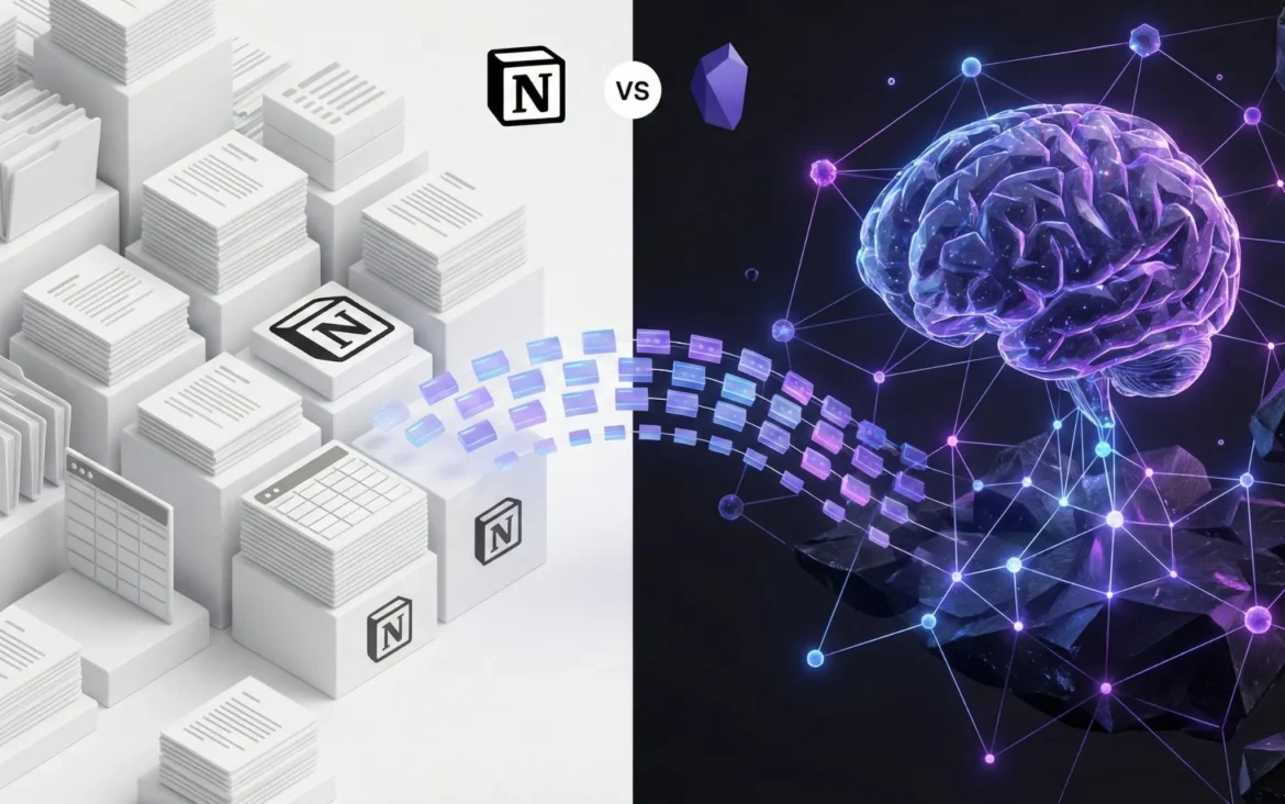 노션에서 옵시디언으로 데이터 이사(Migration)를 표현한 3D 일러스트. 왼쪽의 하얀색 노션 문서 보관함에서 오른쪽의 어두운 옵시디언 제2의 두뇌(Second Brain) 네트워크로 데이터가 이동하는 모습