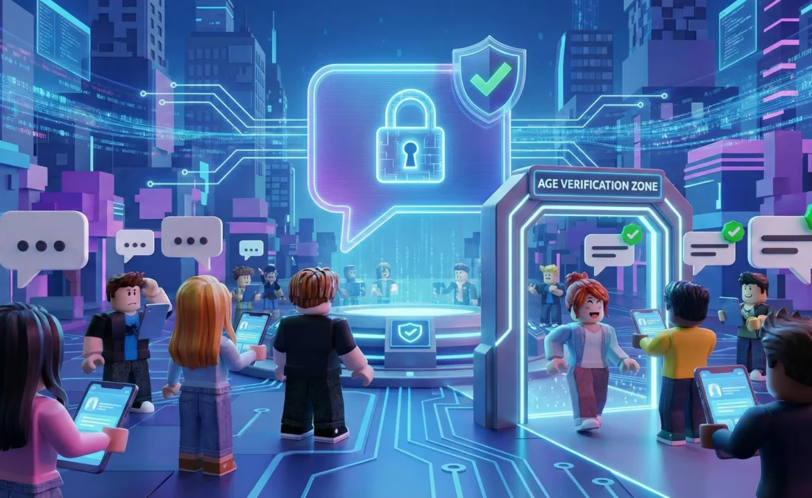 로블록스 메타버스 내에서 채팅 사용을 위해 나이 인증 보안 게이트를 통과하는 아바타들과 잠긴 말풍선 일러스트