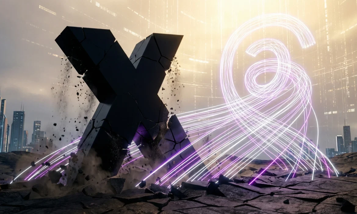 엑스(구 트위터)의 몰락과 메타 스레드(Threads)의 부상을 상징적으로 표현한 3D 그래픽 이미지. 2026년 SNS 트렌드 변화와 권력 이동을 시각화한 디지털 아트워크.