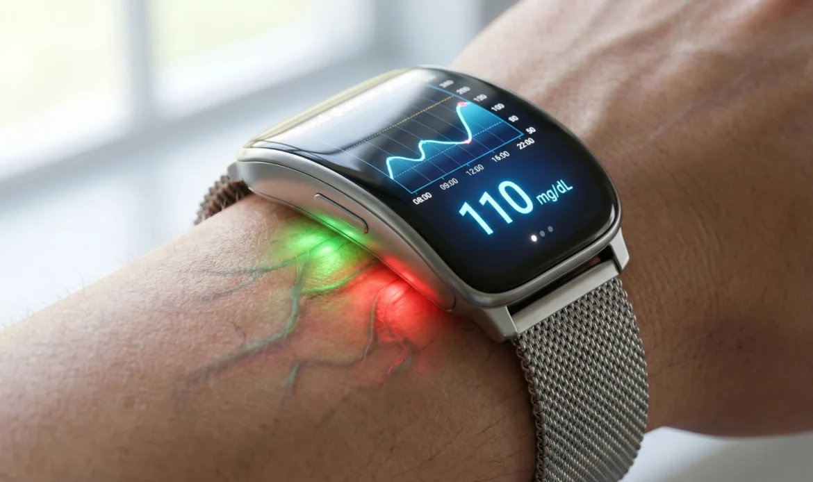 채혈침 없는 비침습 혈당 측정 스마트워치 기술. 광학 센서를 이용한 2026년형 갤럭시워치 및 애플워치 혈당 모니터링 기능 컨셉 이미지.