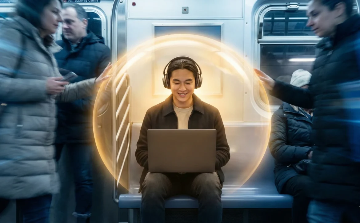 혼잡한 지하철 객차 안에서 헤드폰을 착용한 남성이 노트북 작업에 몰두하고 있는 모습. 남성 주변에는 투명하고 빛나는 황금빛 돔이 감싸고 있어, 주변의 흐릿하게 움직이는 승객들과 분리된 채 평온하게 집중하고 있음을 시각적으로 표현하고 있다.