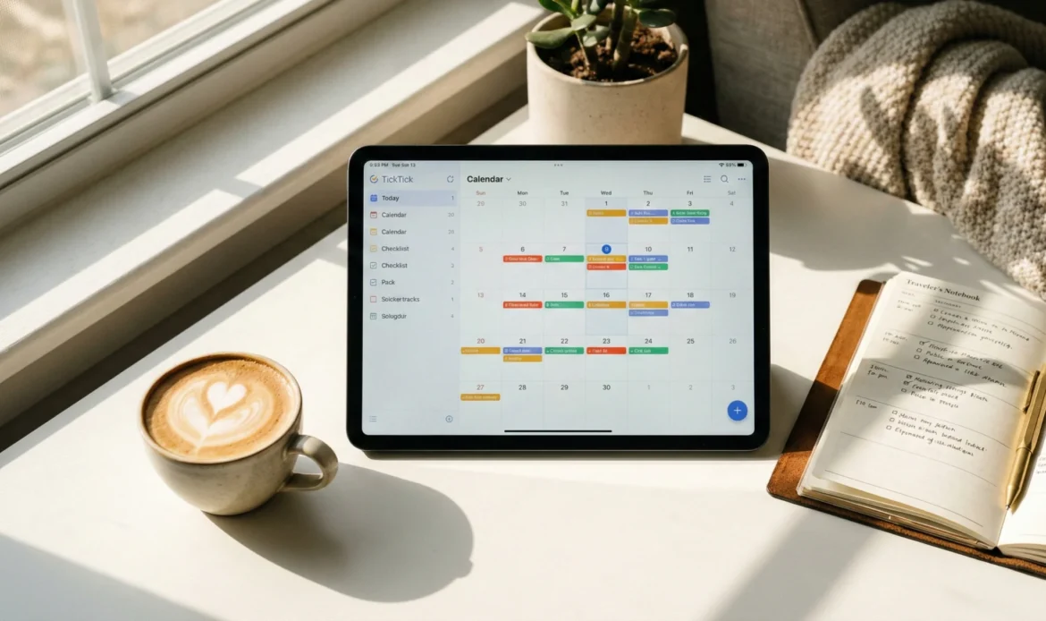 틱틱(TickTick) 캘린더 앱이 실행된 아이패드와 아날로그 다이어리, 커피가 함께 놓인 감성적인 데스크테리어