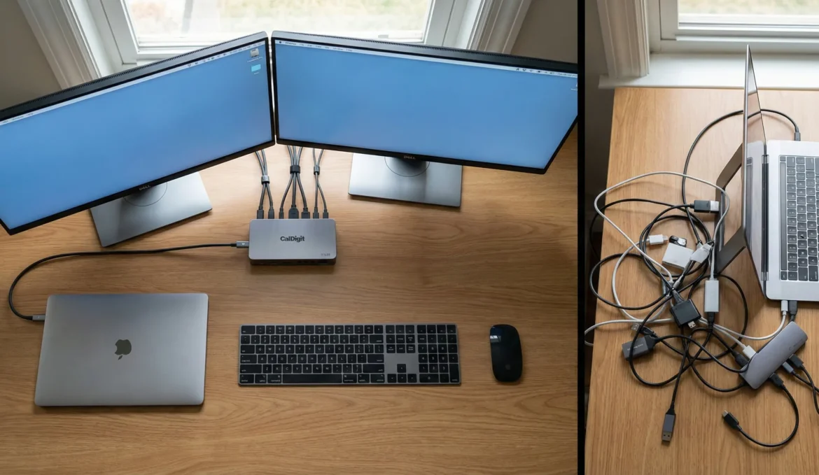 썬더볼트4 도킹 스테이션으로 깔끔하게 선정리된 맥북 듀얼 모니터 데스크 셋업(왼쪽)과 저가형 USB-C 허브로 케이블이 엉켜 지저분한 책상(오른쪽)의 비교 사진