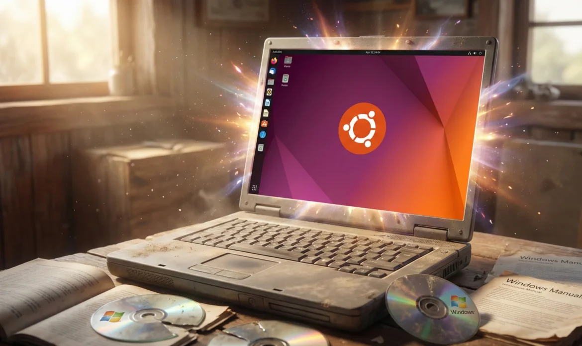 우분투(Ubuntu) 리눅스 설치로 새 생명을 얻어 부활하는 오래된 구형 노트북. 화면에서 밝은 빛과 함께 최신 우분투 데스크톱 인터페이스가 나타나는 모습