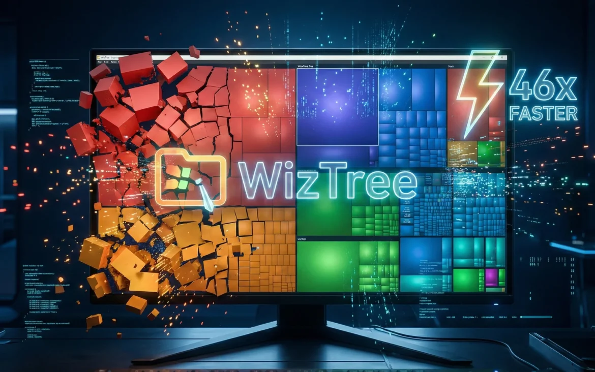 WizTree(위즈트리)의 트림맵 시각화 화면에서 복잡한 빨간색 데이터가 파란색으로 빠르게 정리되며 속도가 46배 빨라지는 모습
