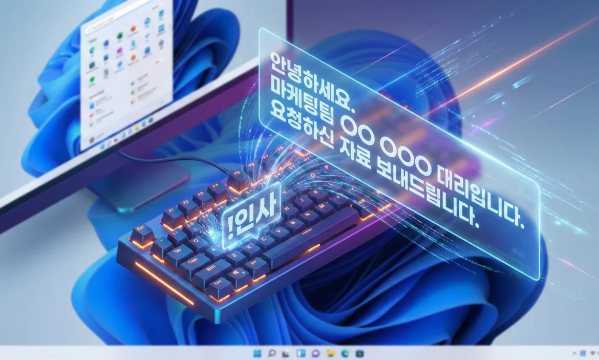 윈도우 11 바탕화면을 배경으로, 기계식 키보드에서 '!인사'라는 짧은 트리거 단어를 입력하자 공중에서 빛줄기가 뿜어져 나오며 '안녕하세요. 마케팅팀 OO OOO 대리입니다. 요청하신 자료 보내드립니다.'라는 긴 인사말 문장이 투명한 홀로그램 팝업창으로 즉시 변환되어 나타나는 3D 테크 일러스트. 윈도우 텍스트 대치 필수 프로그램인 Beeftext(비프텍스트)의 빠르고 편리한 상용구 자동 입력 기능을 시각적으로 표현함.