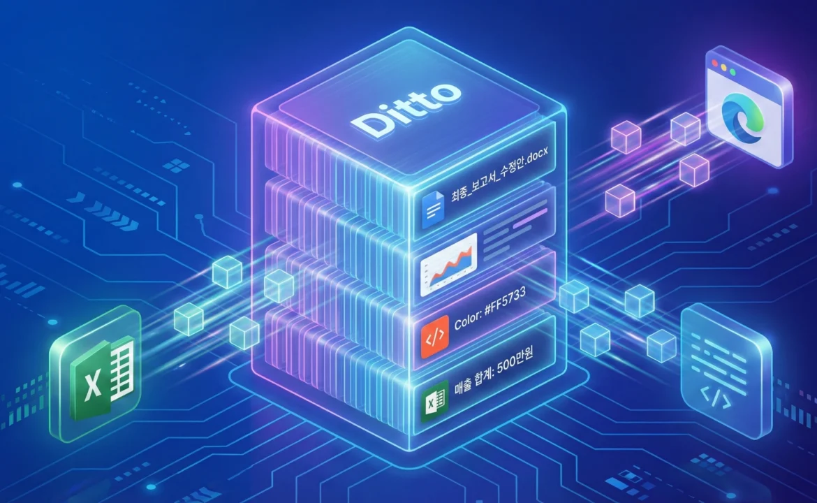 윈도우 클립보드 매니저 Ditto(디토)의 작동 원리를 표현한 3D 일러스트. 엑셀과 웹 브라우저에서 복사된 데이터가 중앙의 빛나는 디지털 아카이브로 빠르게 흡수되어 무한히 저장되는 모습을 통해 업무 자동화와 효율성을 시각화함.