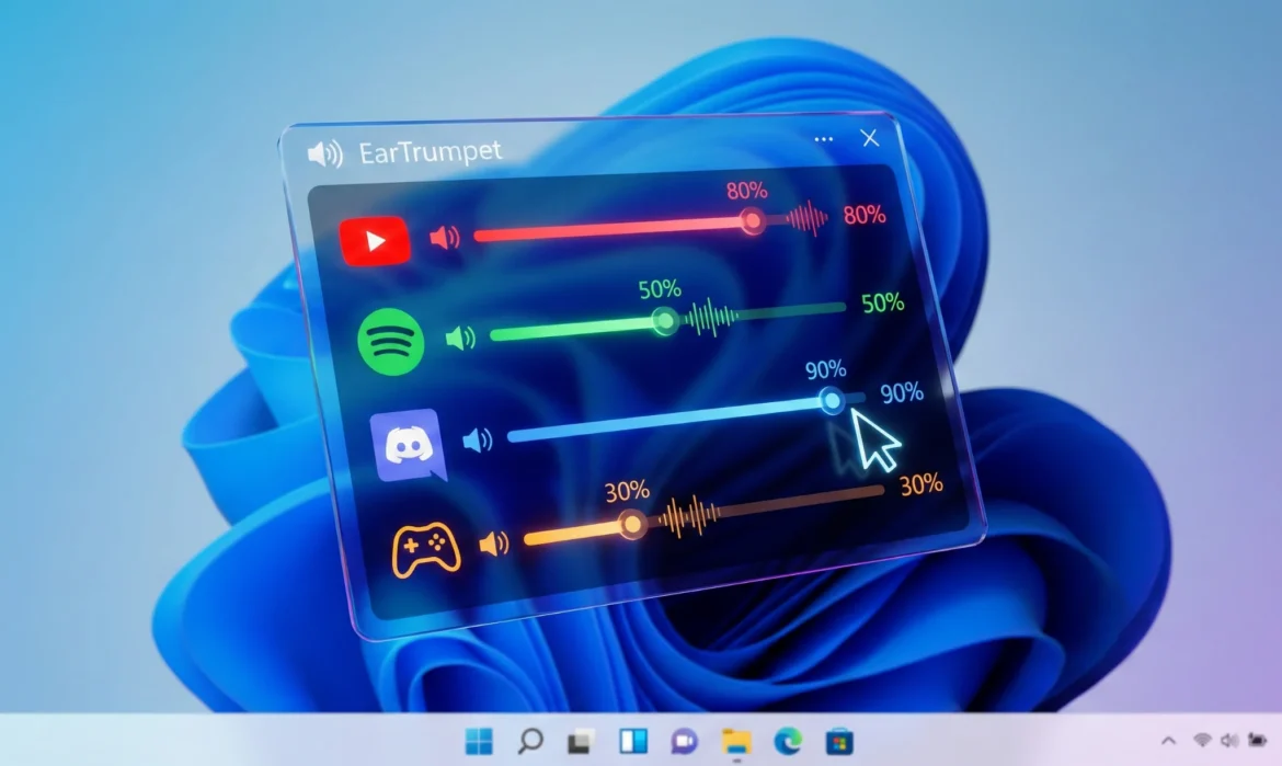 윈도우 11 바탕화면 위에 떠 있는 EarTrumpet(이어트럼펫) 볼륨 믹서 패널의 3D 일러스트. 유튜브, 스포티파이, 디스코드, 게임 등 실행 중인 앱의 소리 크기를 개별 슬라이더로 정밀하게 조절하는 모습을 시각화하여, 윈도우 기본 볼륨 조절의 한계를 극복하는 기능을 표현함.