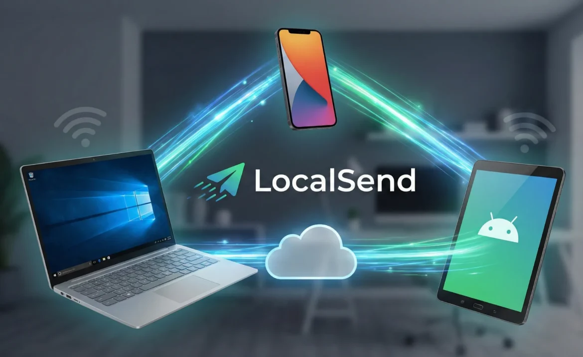 LocalSend(로컬센드)를 통한 크로스 플랫폼 파일 전송 시각화 이미지. 윈도우 노트북, 아이폰, 안드로이드 태블릿이 와이파이망을 통해 서로 직접 연결되어 빠른 속도로 데이터를 주고받는 모습을 빛의 궤적으로 표현함.