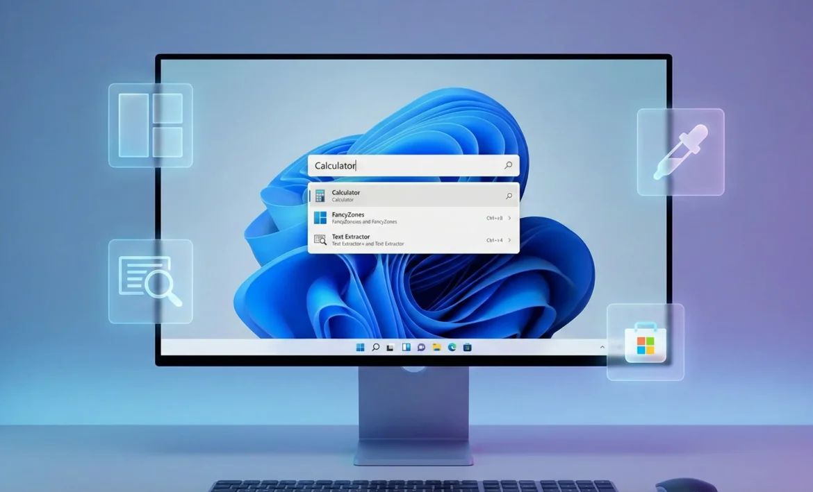 윈도우 11 바탕화면 중앙에 마이크로소프트 파워토이 런(PowerToys Run) 검색창이 활성화된 모습과 팬시존, 컬러 피커, 텍스트 추출기 등 핵심 기능을 상징하는 홀로그램 아이콘이 떠 있는 생산성 도구 이미지