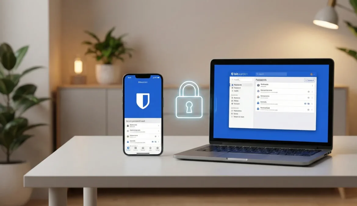 비트워든(Bitwarden) 비밀번호 관리자가 실행된 스마트폰과 노트북이 나란히 놓여 있고, 두 기기 사이에 안전한 동기화를 상징하는 빛나는 자물쇠 아이콘이 떠 있는 이미지