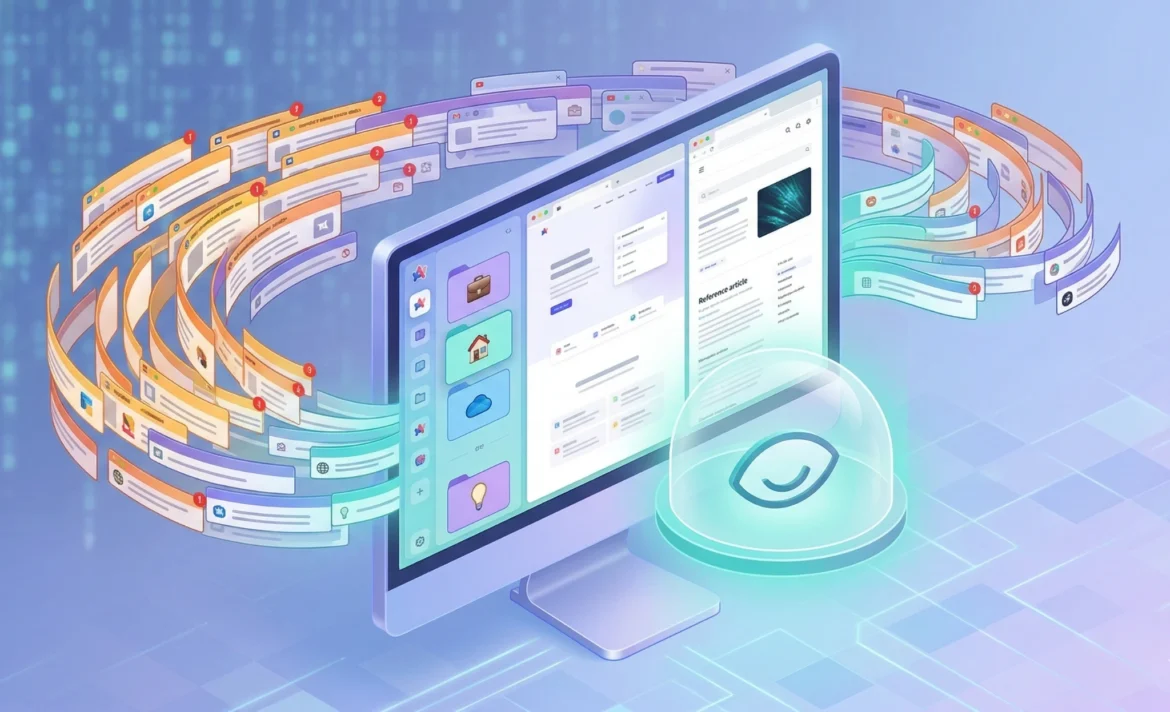 산만하게 흩어진 수십 개의 가로형 브라우저 탭들이 중앙 모니터의 왼쪽 수직 사이드바로 빨려 들어가며 깔끔하게 정리되는 3D 테크 일러스트. 모니터 화면에는 아크(Arc) 브라우저의 핵심인 세로형 탭 UI와 스플릿 뷰(화면 분할) 기능이 띄워져 있으며, 앞쪽에는 완벽한 몰입을 상징하는 눈동자 아이콘이 투명한 보호막 안에서 빛나고 있습니다. 크롬의 탭 지옥에서 벗어나 아크 브라우저로 집중력을 되찾는 개념을 시각화했습니다.