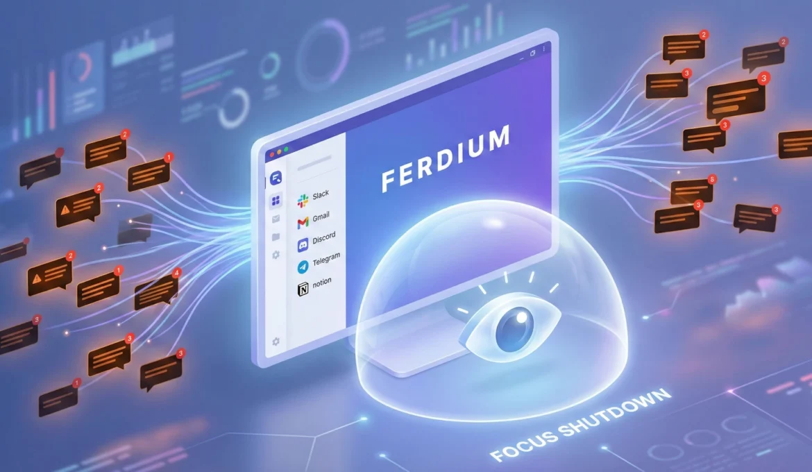 산만하게 흩어진 수십 개의 메신저 알림 팝업들이 중앙의 빛나는 'FERDIUM' 통제 화면으로 흡수되어 정리되는 현대적인 3D 테크 일러스트. 화면 앞 투명한 보호막 안에는 몰입을 상징하는 눈동자 아이콘이 평온하게 빛나고 있으며, 그 아래 'FOCUS SHUTDOWN'이라는 문구가 선명합니다. 흩어진 커뮤니케이션 채널을 하나로 통합하여 완벽한 업무 집중 환경을 구축하는 개념을 시각화했습니다.